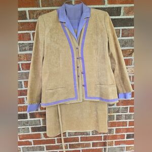 Vintage Mollie Parnis Tan and Purple Ultra Suede Skirt Set Rare